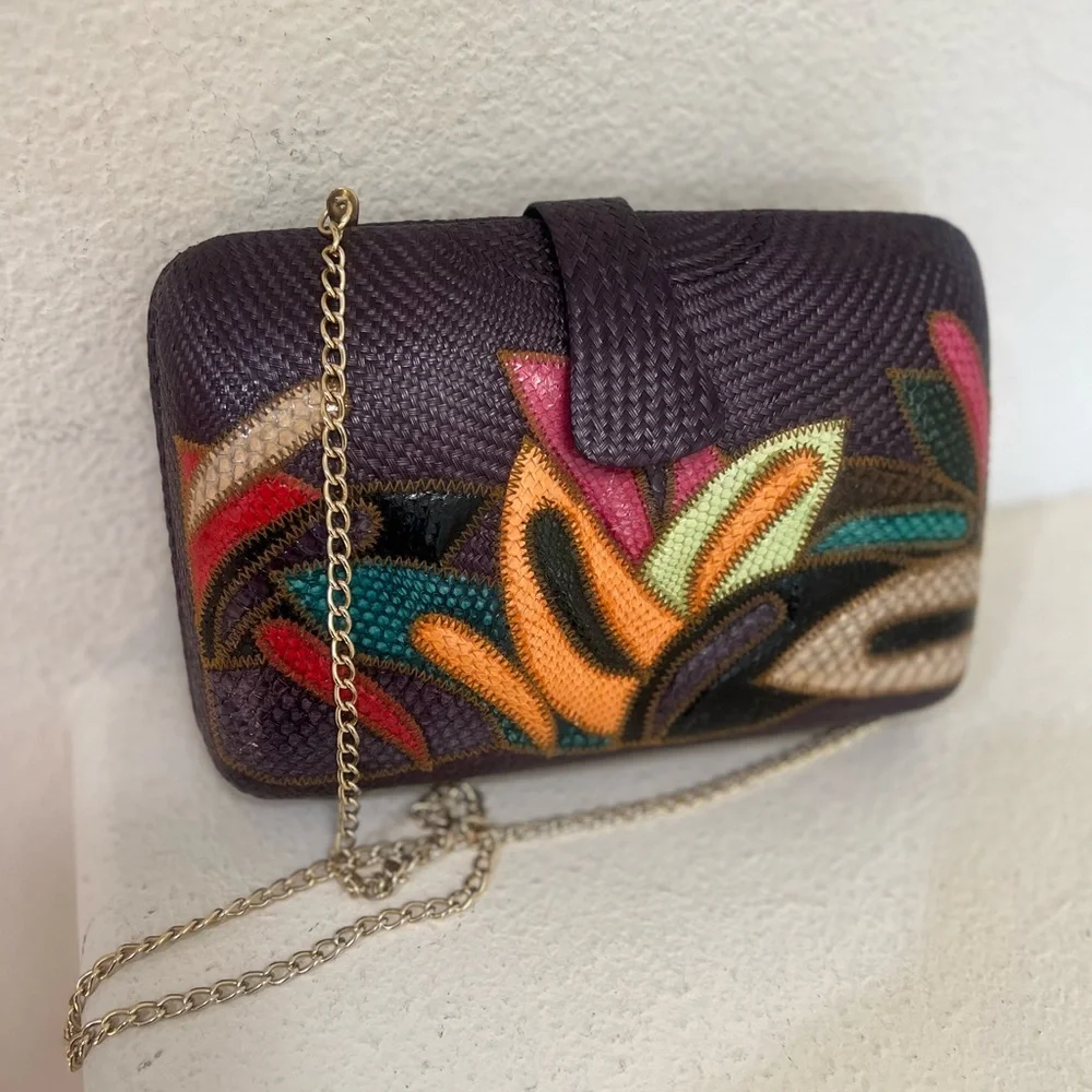 Straw Woven Purple Multicolored Cross Body Bag‎ PURSE Pouch Clutch